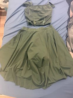 Olive Green Rhinestone Two-Piece Dance Costume