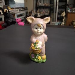 Easter Figurine Little Girl In Sparkling Pink Bunny Suit, Ceramic Holding A Basket 5.25"H