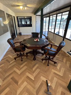 Solid Wood Octagon Poker/Game Table with 4 Leather Rolling Chairs – Casino Style