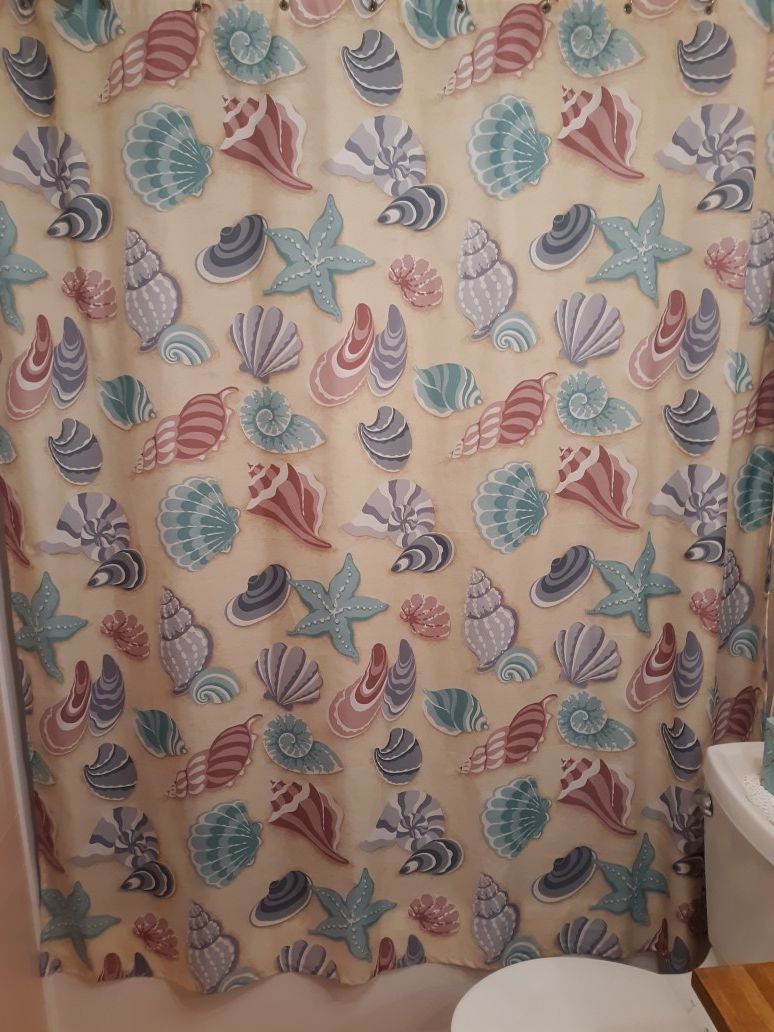 Seashell fabric shower curtain and fish picture