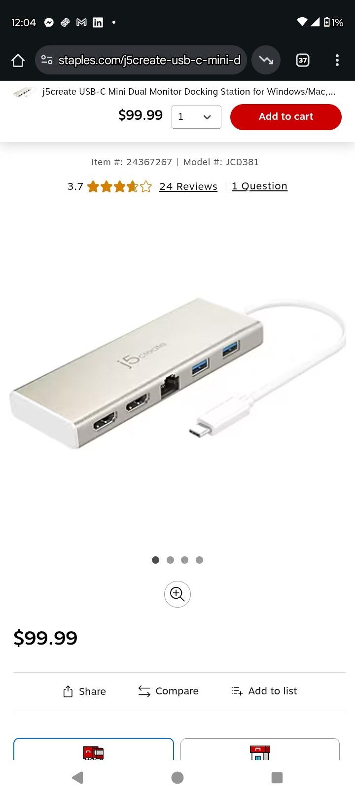 BRAND NEW/FACTORY SEALED-j5create USB-C Mini Dual Monitor Docking Station for Windows/Mac