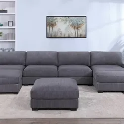 Brand New Super Plush Grey Corduroy Modular Sectional Sofa w Ottoman