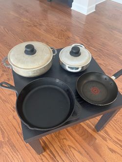 12” Cast iron pan, 2 Imusa Colombian calderos, 6” Tfal frying pan