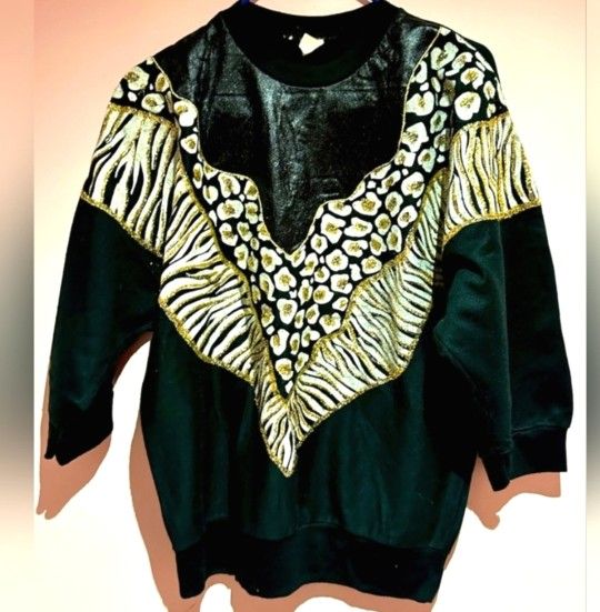 Vintage 80's Black and Gold Glittered Animal Print Butterfly Top Sz M