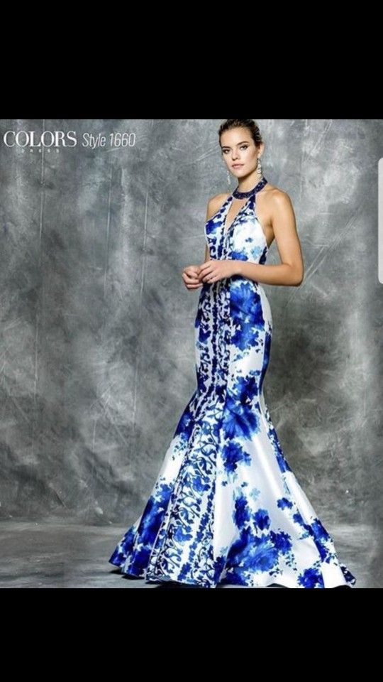 Mermaid Halter Prom Dress Royal Blue Print