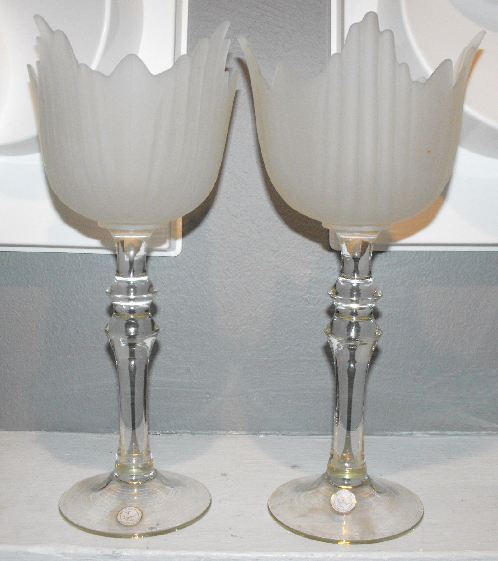 2 Vintage Crystal Frosted Tulips Clear Stem Vases/ Candle Holders made in Romania