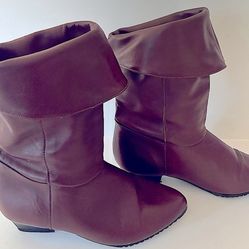 Women’s Burgundy Fold Down Mid Calf Faux Leather Block Heel Boots