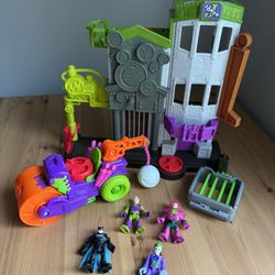 Fisher Price Imaginext DC Crime Alley Batman Joker Bank Play Set Vehicle & Figures LOT 