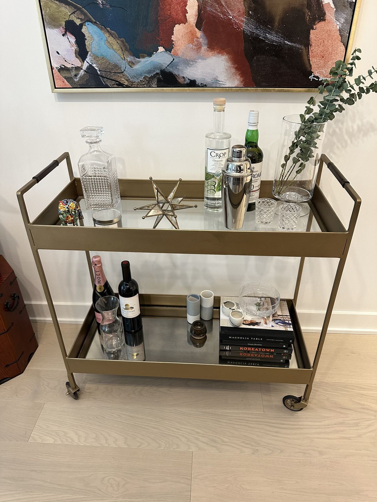 Crate & Barrel Libations Antique Brass Bar Cart