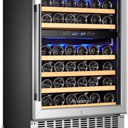 AAOBOSI 46 Bottles Wine Fridge, 24 Inch Wine Cooler with Dual Zone with Blue LED Light and Adjustable Shelves, Double-Layer Glass Door Wine Refrigerat