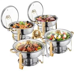 SVOPES
Chafing Dish Buffet Set, 5 qt. 4-Pack, Stainless Steel Chafer with Pans and Glass Lid, Round Catering Warmer with Fuel
