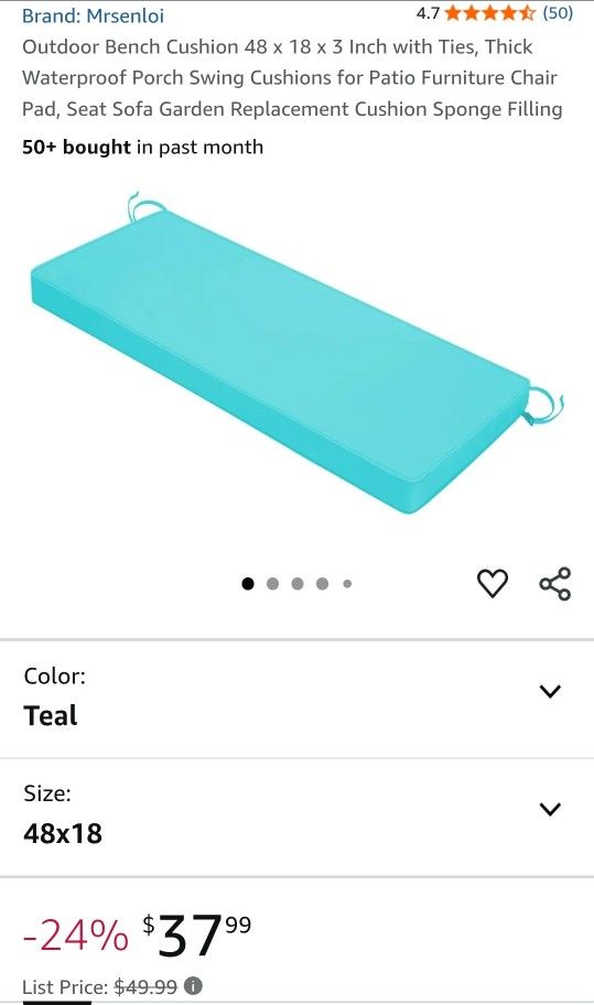 Outdoor Bench Cushion 48 x 18 x 3 Inch with Ties, Thick