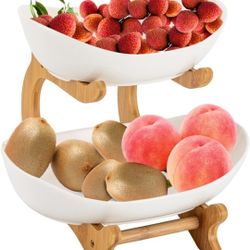 2 Tier Fruit Basket for Kitchen Counter, Small Ceramic Serving Bowls with Bamboo Stand Fruit Holder, 5.7''x8.5''x7.4'' Vegetable Storage Decorative St