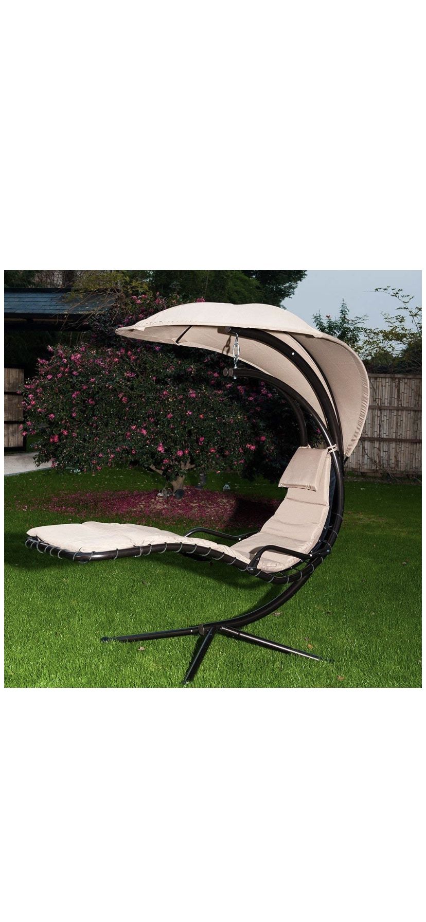 SunLife Porch Swing Patio Hanging Chaise Sling Hammock Lounger Chair with Arc Stand, Canopy, Cushion Beige Backyard yard garden patio deck