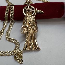 14k Stamped Premium Gold Plated Santa Muerte Charm With Cuban Necklace