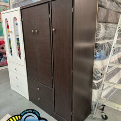 New Expresso Dark Brown Wood Closet Wardrobe With Storage For Shelves & 2 Drawers 