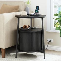 Round Fluted Side Table with Storage, Nightstand, 23.8" Tall Black 2 Tier End Table, Bedside Tables, Wooden, Mid-Century Modern Style, for Small Space