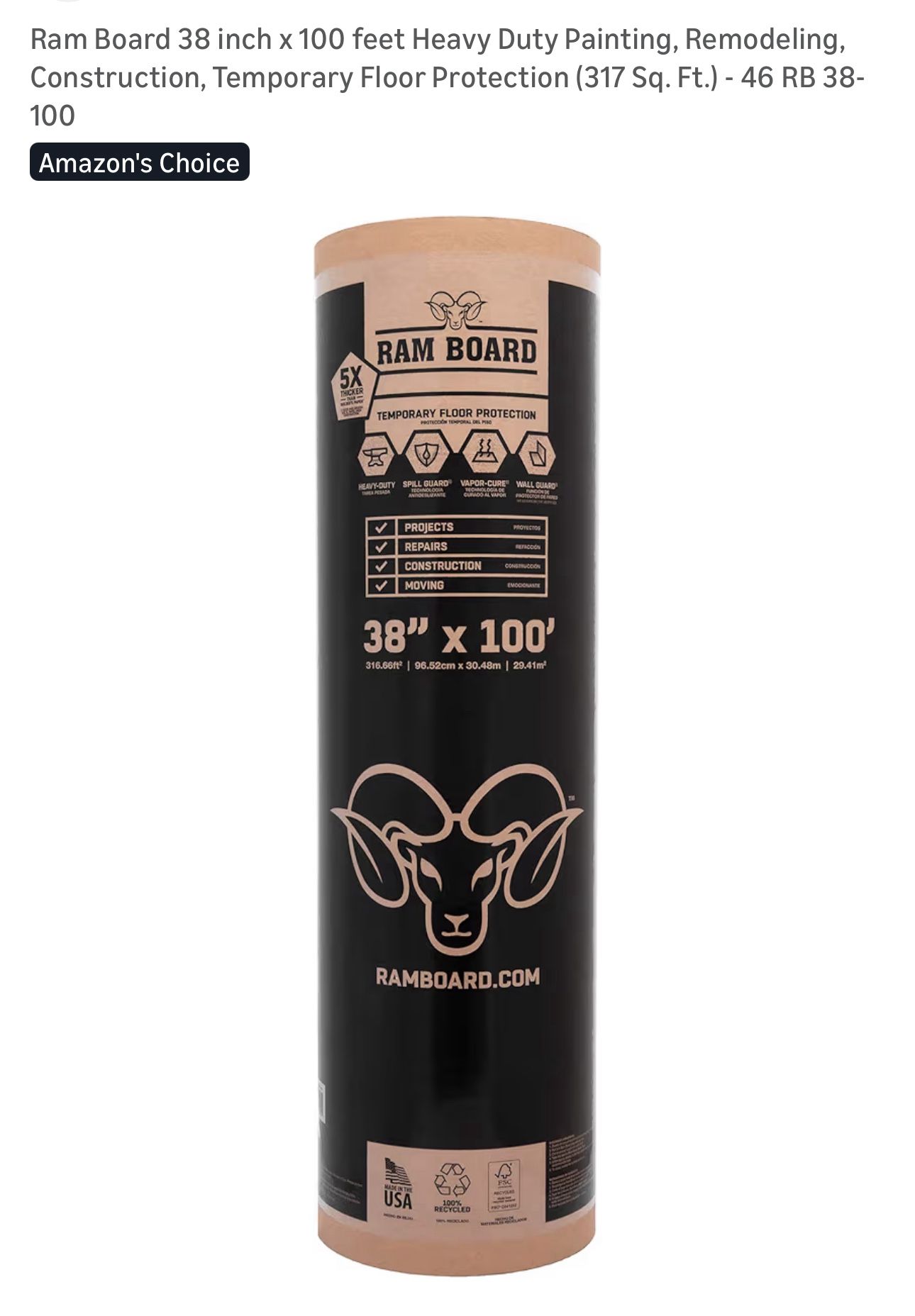 Ram Board 38 inch x 100 feet Heavy Duty Painting, Remodeling, Construction, Temporary Floor