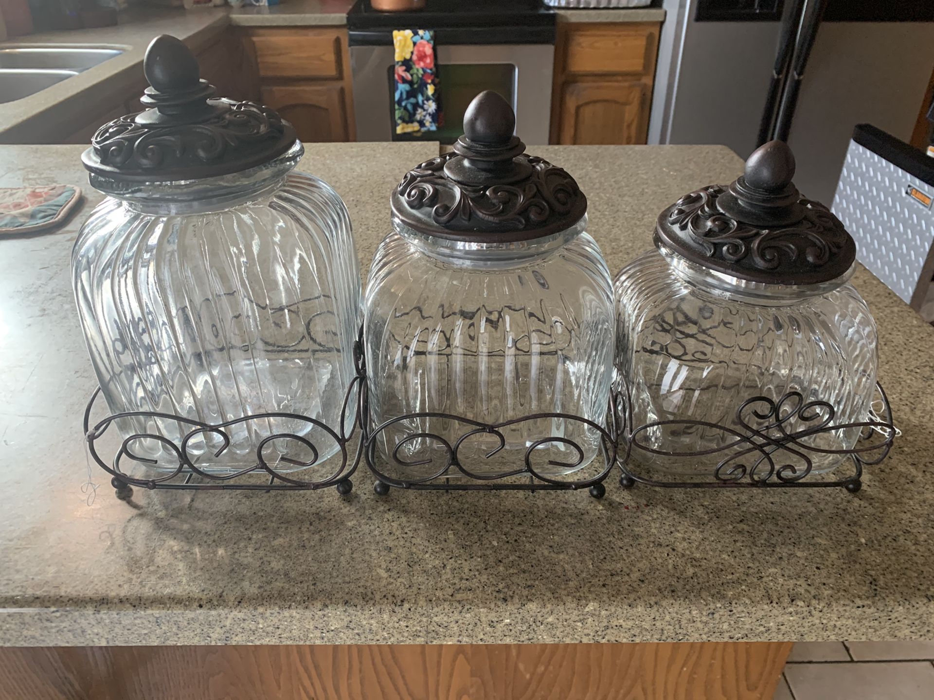 Set of three glass canisters excellent condition $20.00