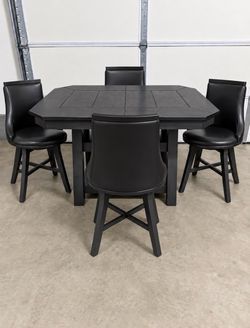 Expandable Dining Table— Dark Oak solid wood with 4 leather chairs