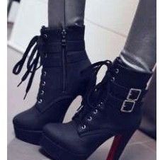 Black Buckle Decor Platform Lace up Chunky Heeled Boots