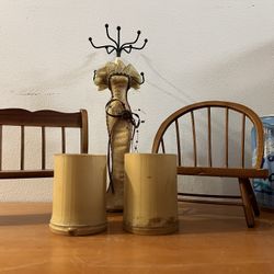 2 Tiny Wood Chairs 2 Bamboo Shot Glasses Jewelry Stand