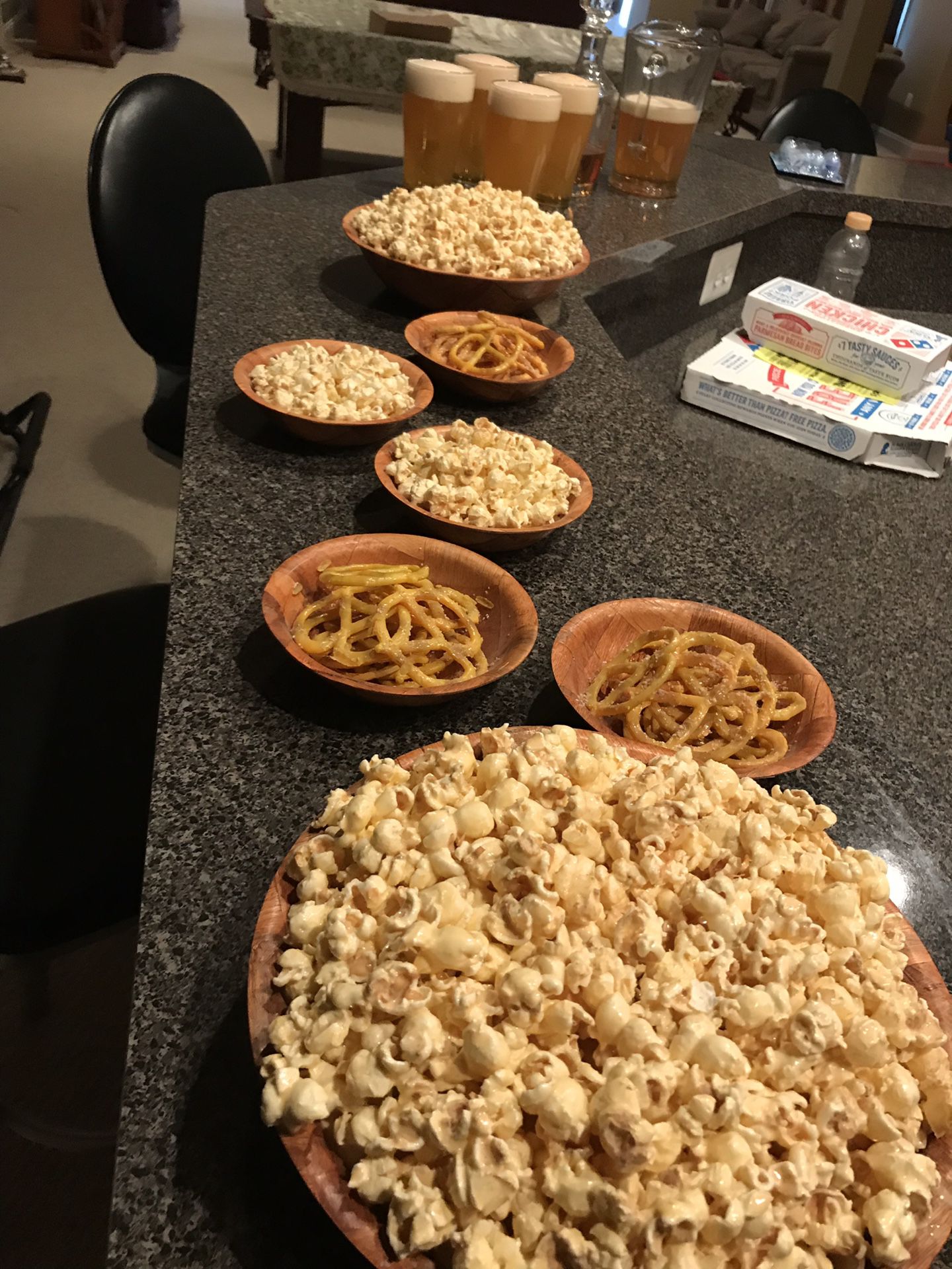 Decorative popcorn and pretzels and alcohol