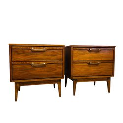 Vintage Mid Century Modern 2-Drawer End Table Set with Burl Accents Dovetailed Drawers