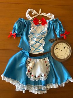 Alice In Wonderland Costume with Clock Sexy Fun Halloween Two Piece Blue Skirt