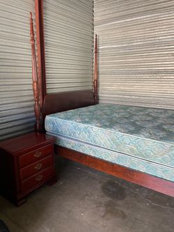 Queen Bedroom Set, 4 Poster Bed Frame + Mattress and Box + Armoire + Dresser & Mirror  + 1 Nightstand Delivery Available for a fee.