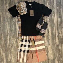 Burberry Short Set With Hat And Slides Brand New 