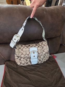 Coach soho flap Tan signature shoulder bag with light blue