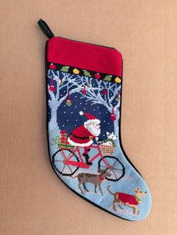 Vintage Needlepoint Christmas Stocking Santa Bicycle Dogs Velvet Back 18"