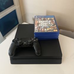 PS4 Slim + Controller & 4 Games Bundle – GTA V & NBA Series Included