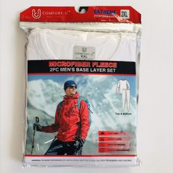 Men Thermal 2 PCS Set Microfiber Fleece Underwear CrewNeck Top & Pants White 2XL