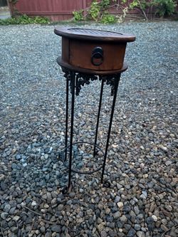Vintage Wrought Iron & Wood Pedestal Drum Table Plant Stand Regency Ornate T25