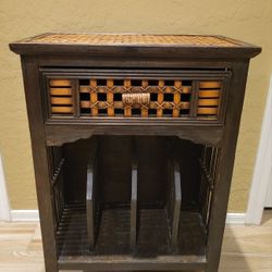 Vintage Bamboo Rattan/Wicker Table with Drawer and Built-In Magazine Rack