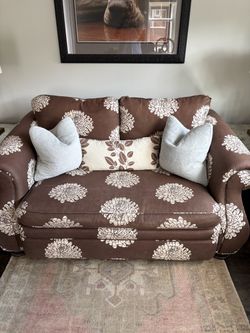 Pair of Brown Floral Upholstered Loveseats Rill Arm