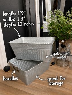 2 for $15  | Set of 2 Galvanized Metal Storage Bins — Farmhouse Tubs with Handles