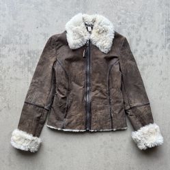 faux fur trim brown leather jacket