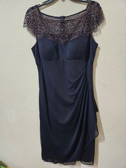 Women's Navy Beaded Illusion Yoke Evening Dress