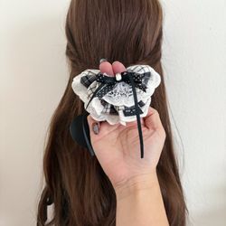 Black ribbon with white brown plaid pattern scrunchie/hair tie