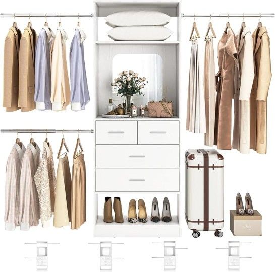 L110 48" W - 96” W Closet Organizer, 8FT Walk in Closet Systems Starter Kit with 25” Tower and 3 Extendable Hanging Rods, Sturdy Wood Garment Ra