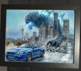 Godzilla and Nissan GT-R Seattle Skyline Framed Art Print