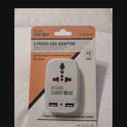 Miami Carry On 3 Prong Adapter Power Or Charge 2 USB Ports