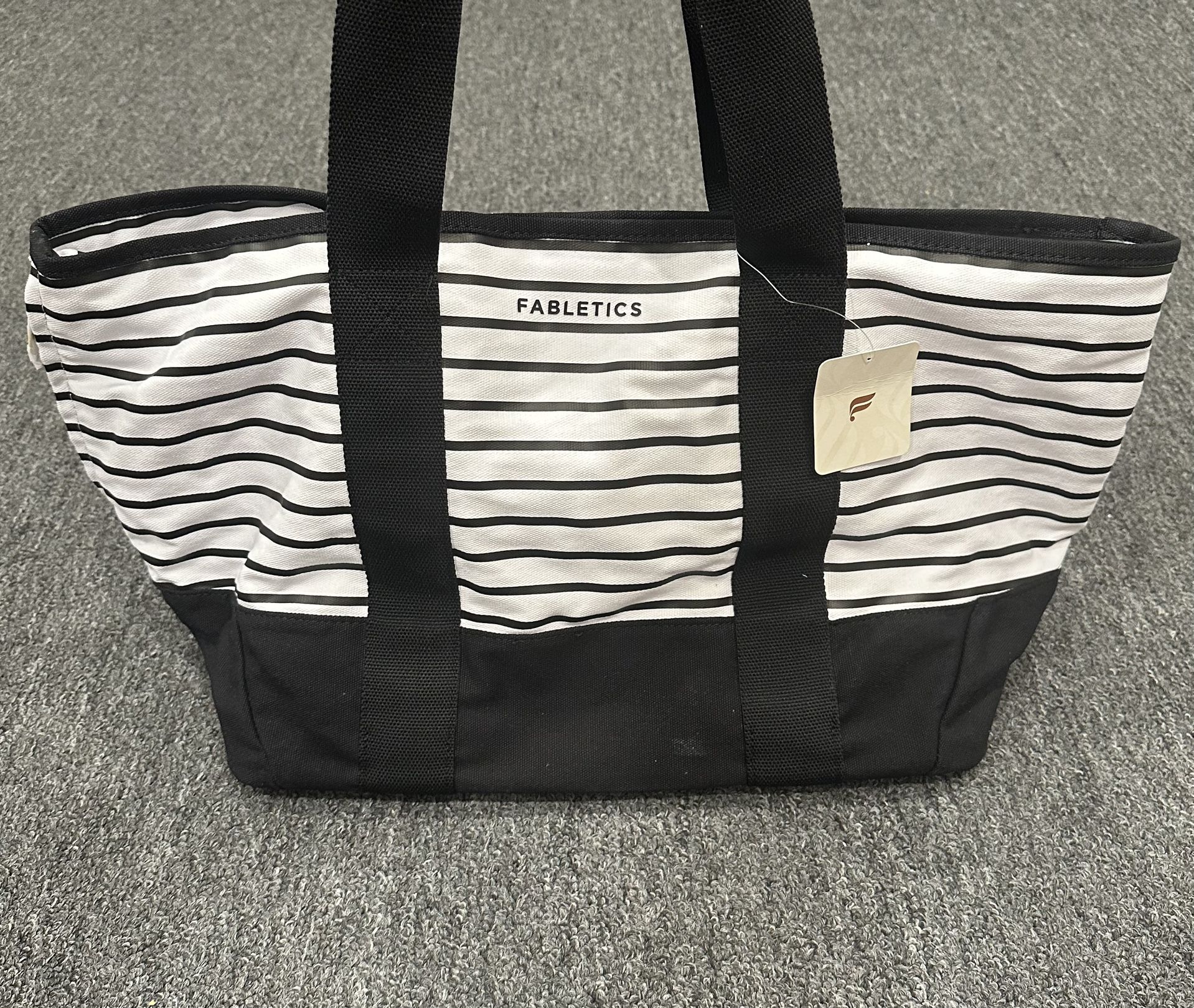 Fabletics Canvas Tote Bag Black White Stripe Gym Beach Travel Carryall OS NWT