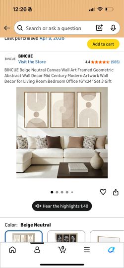 NEW Beige Neutral Canvas Wall Art Framed Abstract Modern Wall Decor 16"x24"