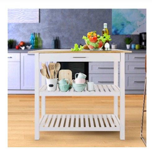 Kitchen Island With Solid Wood Top 1 Drawer 2 Shelves And Towel Rack