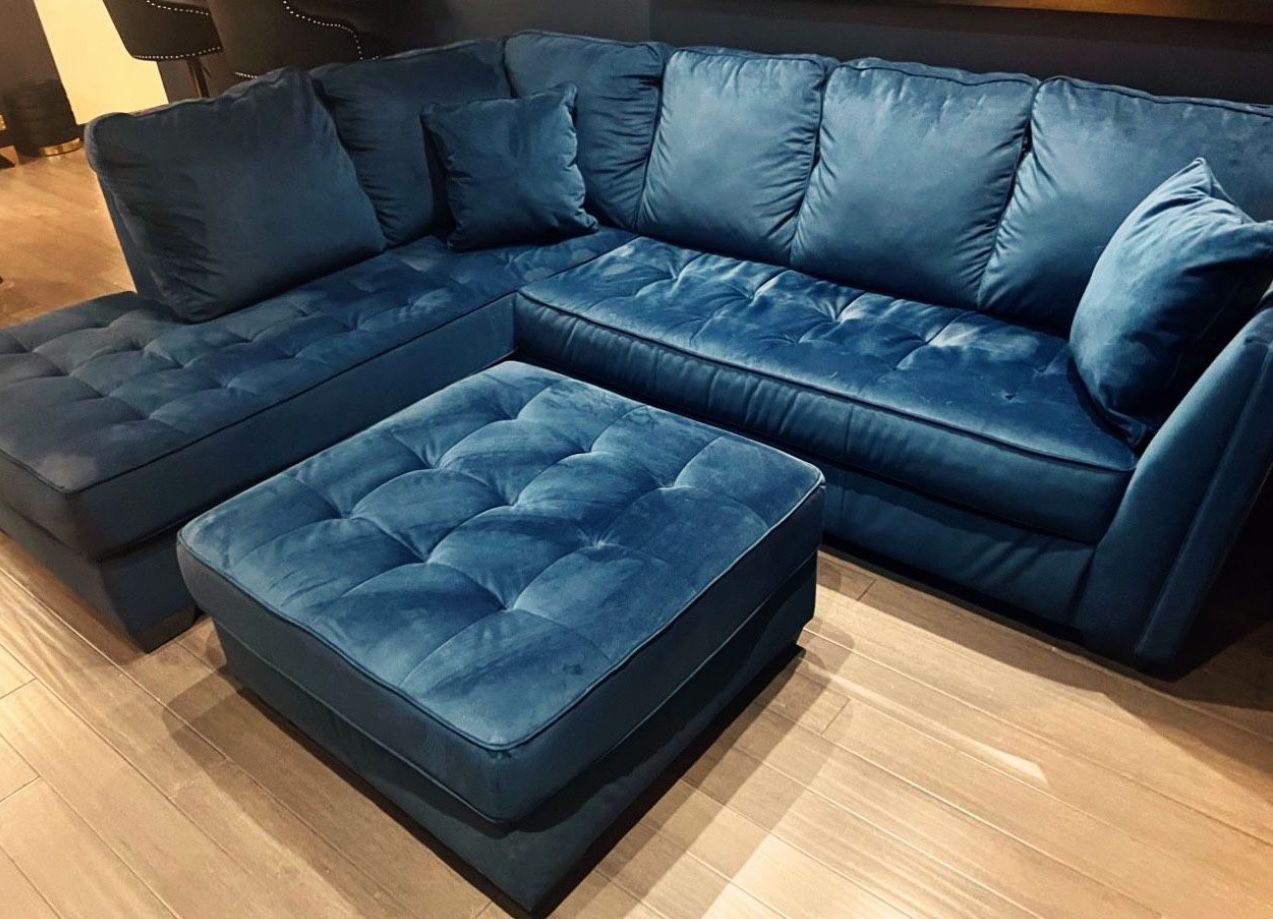 114 “Width-Left Arm Facing Sectional with Oversized Ottoman-Navy Velvet