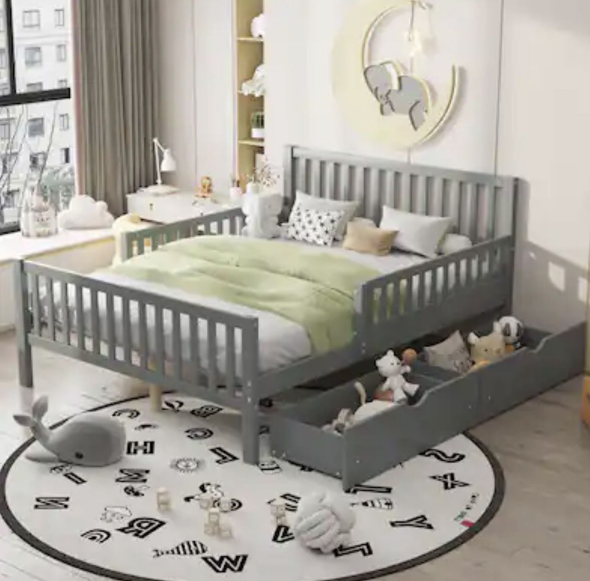 Full Size Wood Platform Bed with Guardrails, Storage Drawers, and Minimalist Headboard Grey